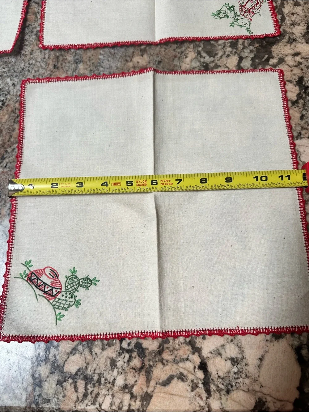 Embroidered Cactus Napkin Set with Red Crochet Edge